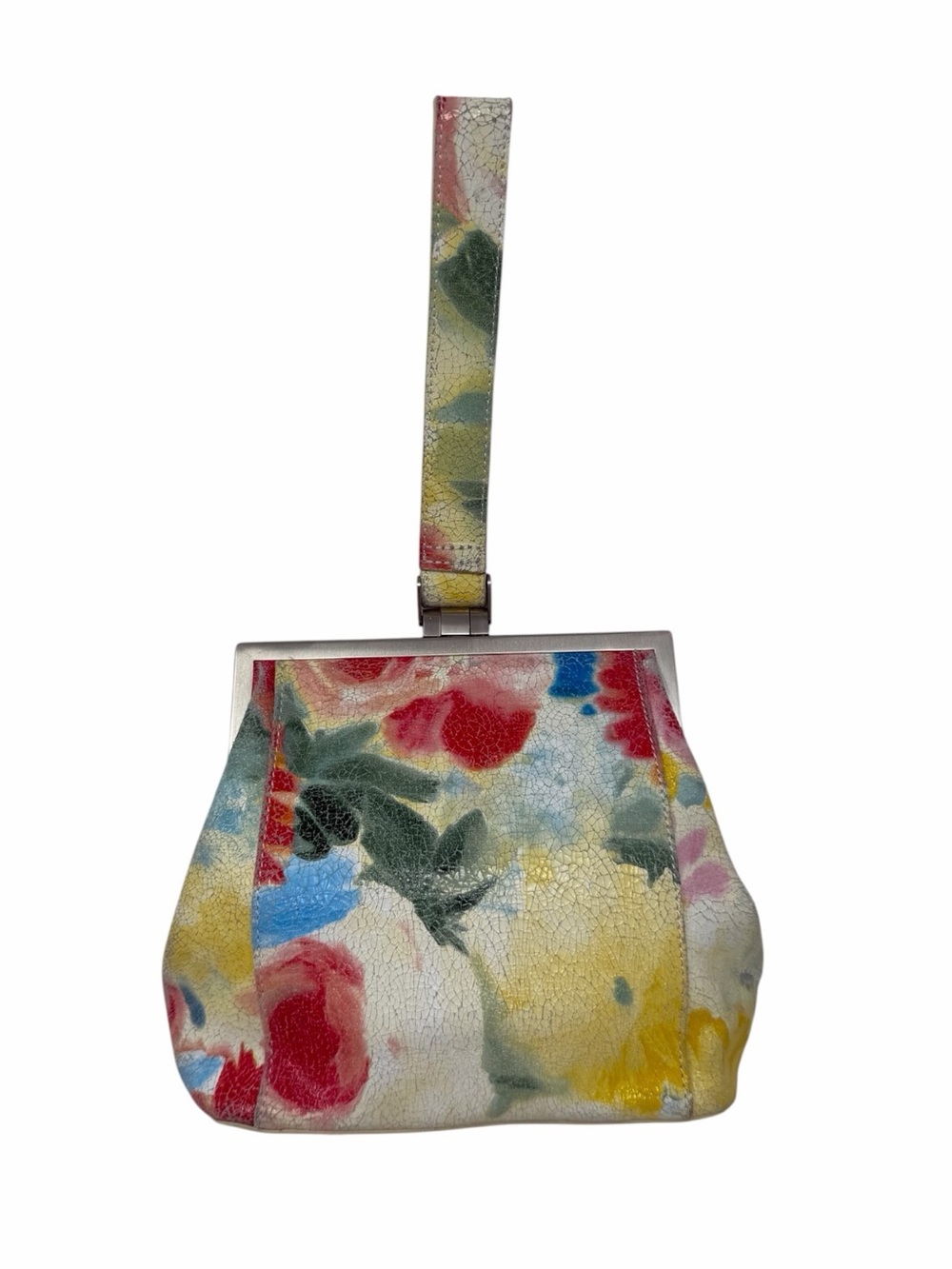 Hobo international floral print crackled leather kiss lock clutch wristlet strap